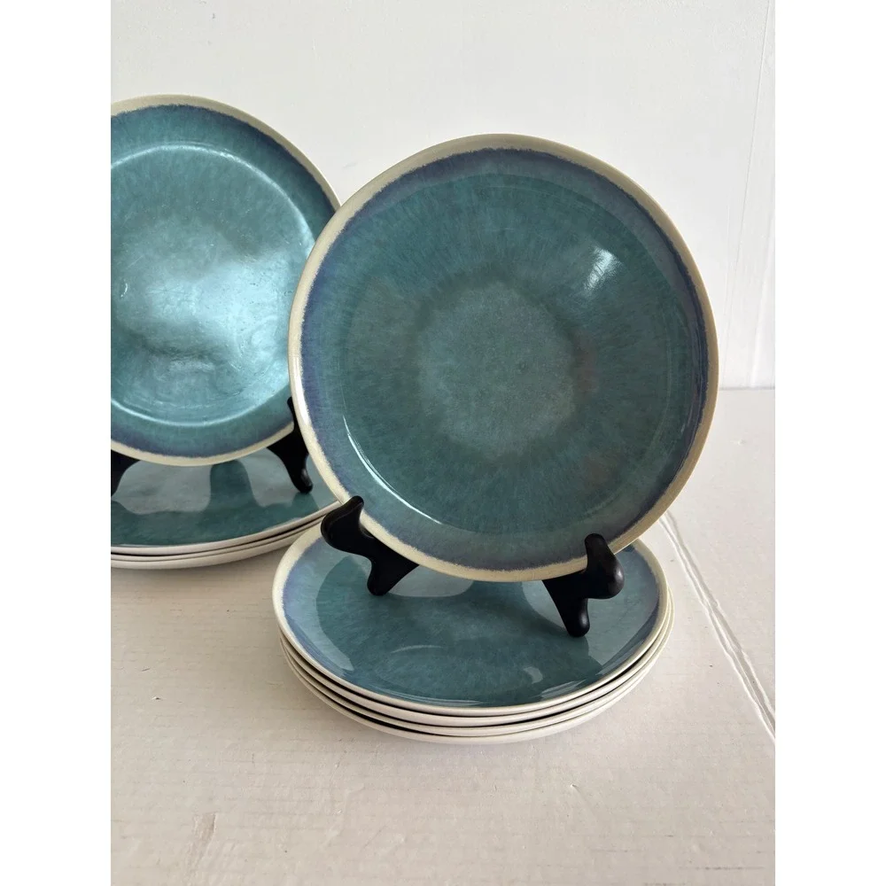 World Market Teal Blue Reactive Glaze Ceramic Plate 4 dinner 6 Salad. MCM